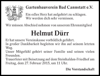 Traueranzeige von Helmut Dürr von Eßlinger Zeitung/Cannstatter Zeitung