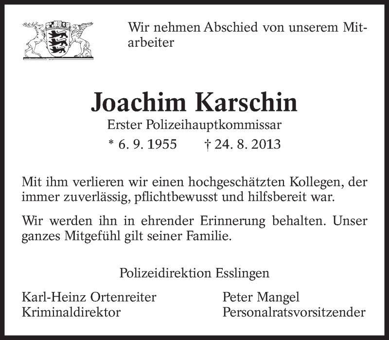  Traueranzeige für Joachim Karschin vom 29.08.2013 aus Eßlinger Zeitung/Cannstatter Zeitung