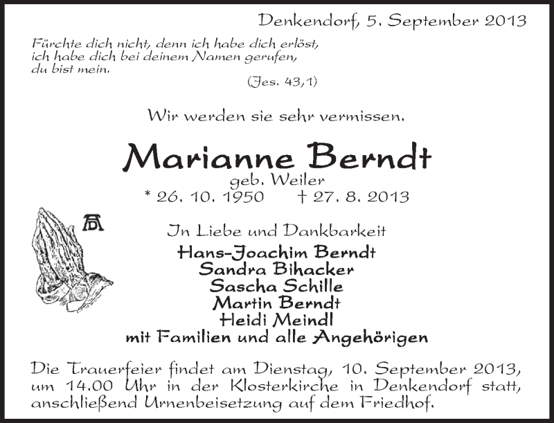  Traueranzeige für Marianne Berndt vom 05.09.2013 aus Eßlinger Zeitung/Cannstatter Zeitung