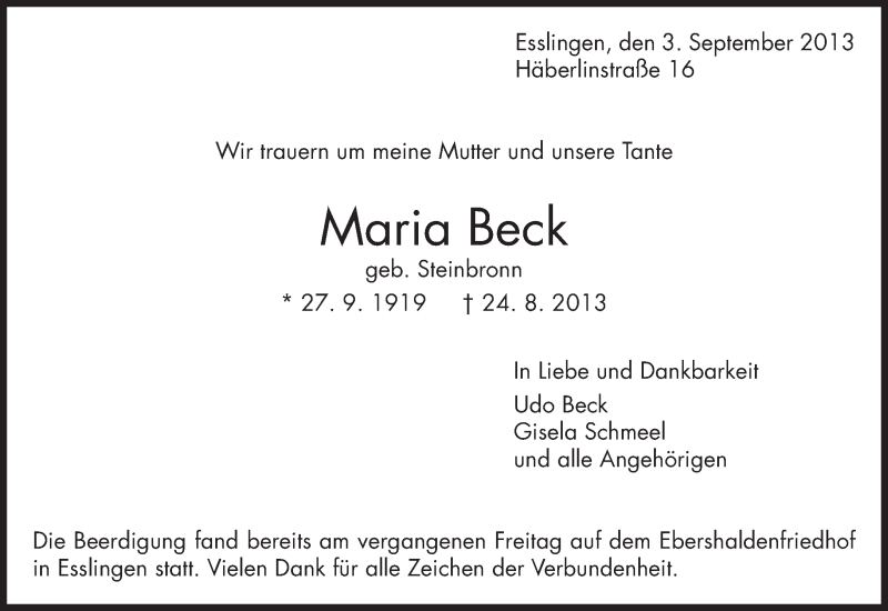  Traueranzeige für Maria Beck vom 03.09.2013 aus Eßlinger Zeitung/Cannstatter Zeitung