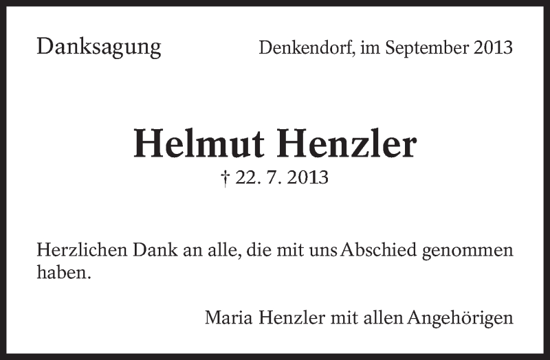  Traueranzeige für Helmut Henzler vom 07.09.2013 aus Eßlinger Zeitung/Cannstatter Zeitung