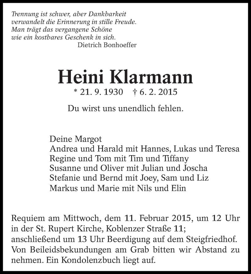  Traueranzeige für Heini Klarmann vom 07.02.2015 aus Eßlinger Zeitung/Cannstatter Zeitung
