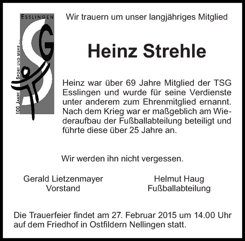  Traueranzeige für Heinz Strehle vom 21.02.2015 aus Eßlinger Zeitung/Cannstatter Zeitung