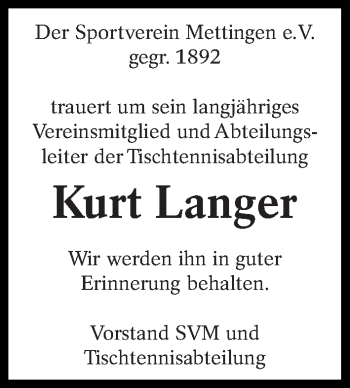 Traueranzeige von Kurt Langer von Eßlinger Zeitung/Cannstatter Zeitung