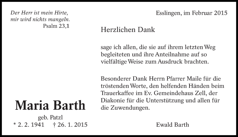  Traueranzeige für Maria Barth vom 06.02.2015 aus Eßlinger Zeitung/Cannstatter Zeitung