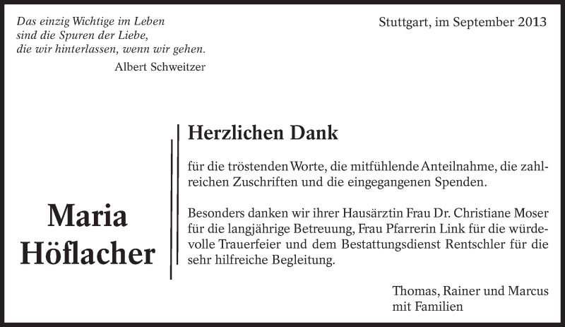  Traueranzeige für Maria Höflacher vom 13.09.2013 aus Eßlinger Zeitung/Cannstatter Zeitung