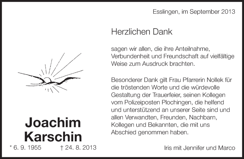  Traueranzeige für Joachim Karschin vom 14.09.2013 aus Eßlinger Zeitung/Cannstatter Zeitung