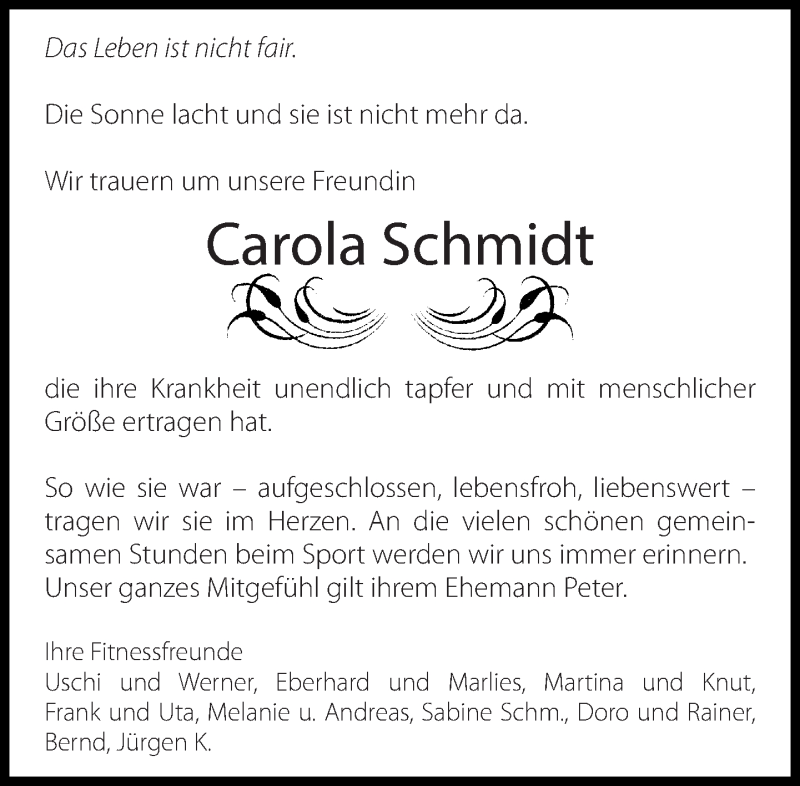  Traueranzeige für Carola Schmidt vom 04.07.2015 aus Eßlinger Zeitung/Cannstatter Zeitung
