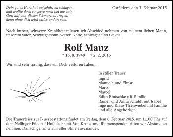 Traueranzeige von Rolf Mauz von Eßlinger Zeitung/Cannstatter Zeitung