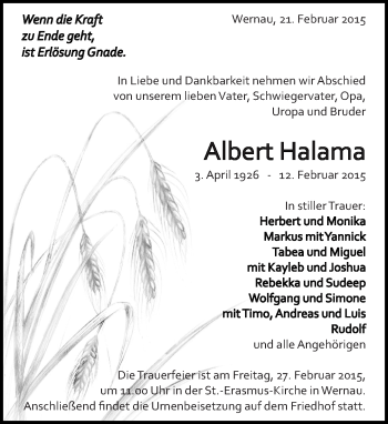 Traueranzeige von Albert Halama von Eßlinger Zeitung/Cannstatter Zeitung