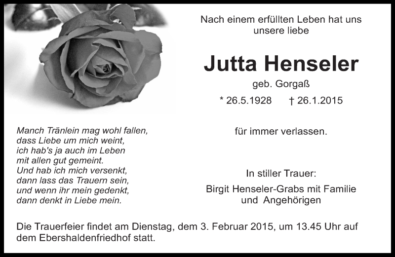  Traueranzeige für Jutta Henseler vom 30.01.2015 aus Eßlinger Zeitung/Cannstatter Zeitung
