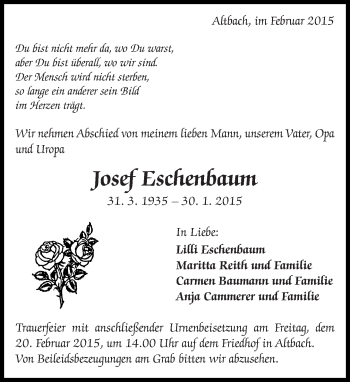 Traueranzeige von Josef Eschenbaum von Eßlinger Zeitung/Cannstatter Zeitung