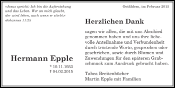 Traueranzeige von Hermann Epple von Eßlinger Zeitung/Cannstatter Zeitung