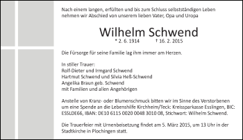 Traueranzeige von Wilhelm Schwend von Eßlinger Zeitung/Cannstatter Zeitung