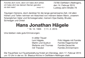 Traueranzeige von Hans Jonathan Hägele von Eßlinger Zeitung/Cannstatter Zeitung