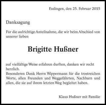 Traueranzeige von Brigitte Hußner von Eßlinger Zeitung/Cannstatter Zeitung