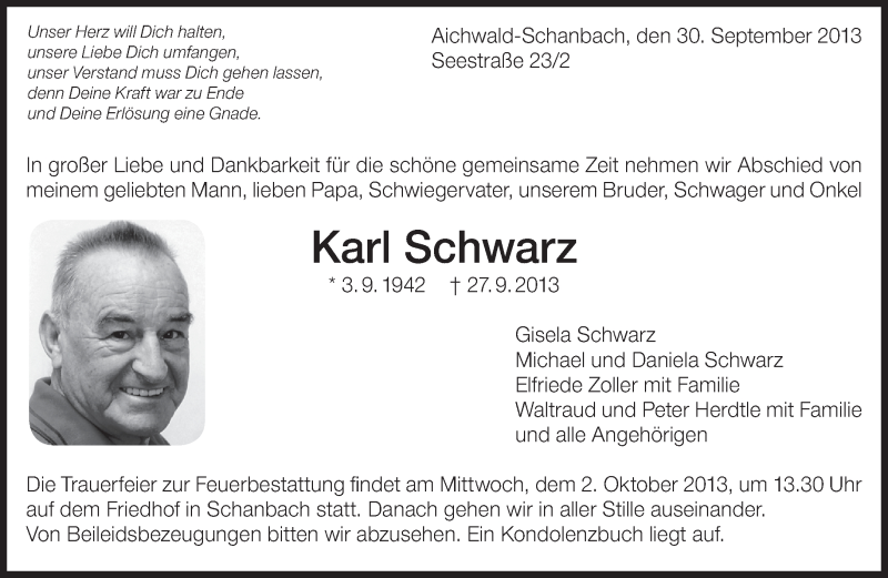  Traueranzeige für Karl Schwarz vom 30.09.2013 aus Eßlinger Zeitung/Cannstatter Zeitung