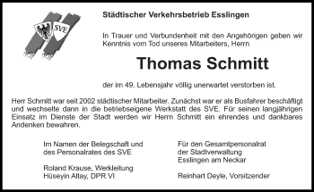 Traueranzeige von Thomas Schmitt von Eßlinger Zeitung/Cannstatter Zeitung