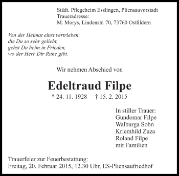 Traueranzeige von Edeltraud Filpe von Eßlinger Zeitung/Cannstatter Zeitung