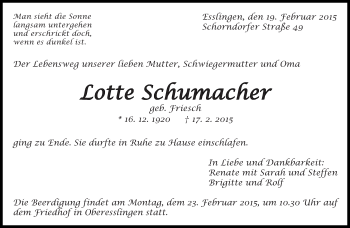 Traueranzeige von Lotte Schumacher von Eßlinger Zeitung/Cannstatter Zeitung