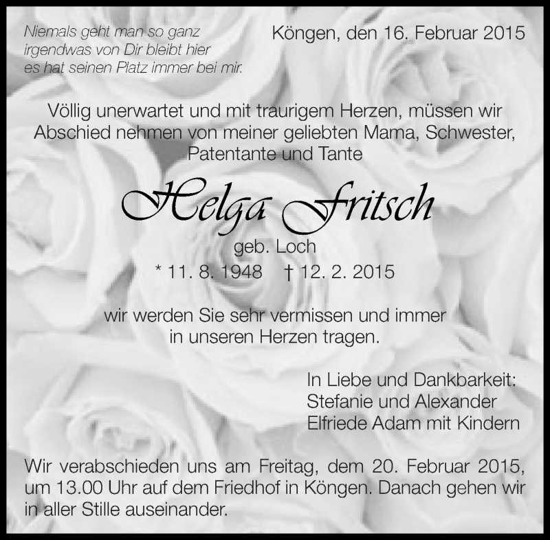  Traueranzeige für Helga Fritsch vom 16.02.2015 aus Eßlinger Zeitung/Cannstatter Zeitung