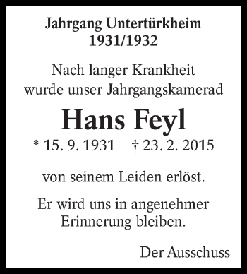 Traueranzeige von Hans Feyl von Eßlinger Zeitung/Cannstatter Zeitung