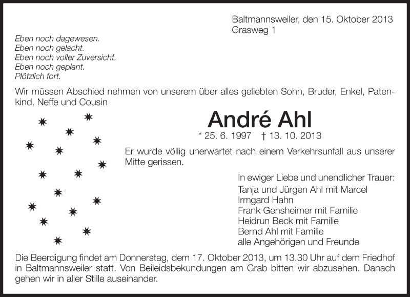  Traueranzeige für André Ahl vom 15.10.2013 aus Eßlinger Zeitung/Cannstatter Zeitung