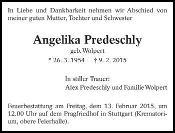 Traueranzeige von Angelika Predeschly von Eßlinger Zeitung/Cannstatter Zeitung
