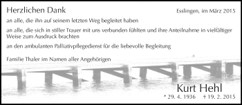 Traueranzeige von Kurt Hehl von Eßlinger Zeitung/Cannstatter Zeitung