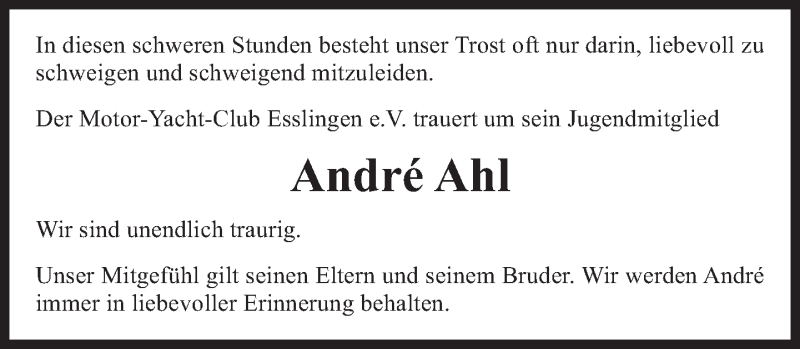  Traueranzeige für André Ahl vom 16.10.2013 aus Eßlinger Zeitung/Cannstatter Zeitung