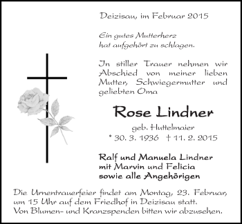 Traueranzeige von Rose Lindner von Eßlinger Zeitung/Cannstatter Zeitung