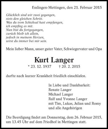Traueranzeige von Kurt Langer von Eßlinger Zeitung/Cannstatter Zeitung