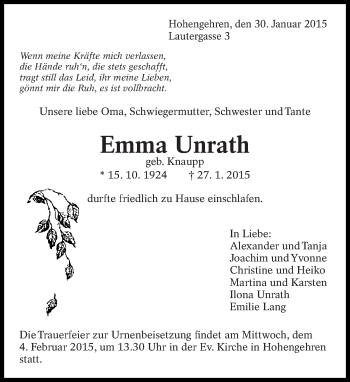 Traueranzeige von Emma Unrath von Eßlinger Zeitung/Cannstatter Zeitung