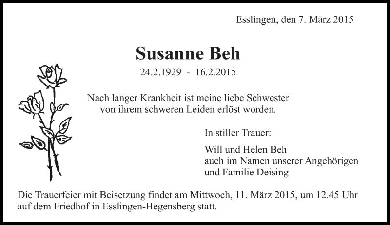  Traueranzeige für Susanne Beh vom 07.03.2015 aus Eßlinger Zeitung/Cannstatter Zeitung