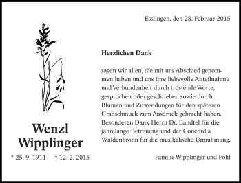 Traueranzeige von Wenzl Wipplinger von Eßlinger Zeitung/Cannstatter Zeitung