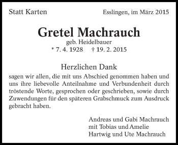Traueranzeige von Gretel Machrauch von Eßlinger Zeitung/Cannstatter Zeitung