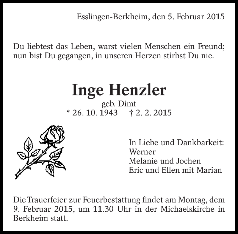  Traueranzeige für Inge Henzler vom 05.02.2015 aus Eßlinger Zeitung/Cannstatter Zeitung