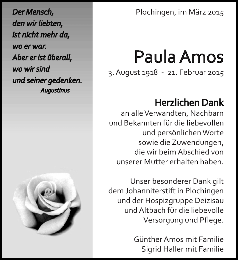  Traueranzeige für Paula Amos vom 14.03.2015 aus Eßlinger Zeitung/Cannstatter Zeitung
