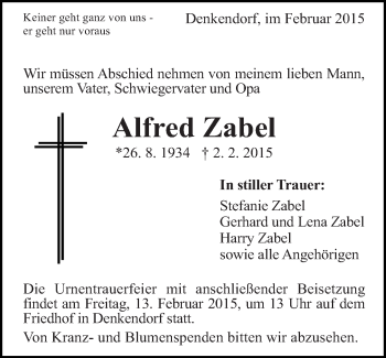 Traueranzeige von Alfred Zabel von Eßlinger Zeitung/Cannstatter Zeitung