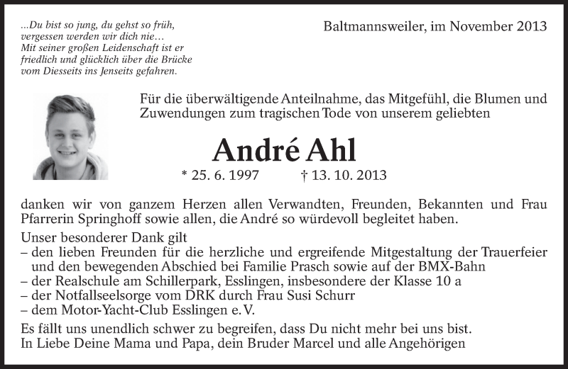  Traueranzeige für André Ahl vom 09.11.2013 aus Eßlinger Zeitung/Cannstatter Zeitung