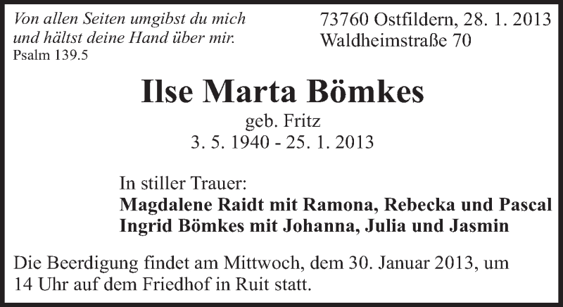  Traueranzeige für Ilse Marta Bömkes vom 28.01.2013 aus Eßlinger Zeitung/Cannstatter Zeitung