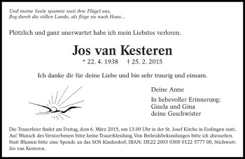 Traueranzeige von Jos van Kesteren von Eßlinger Zeitung/Cannstatter Zeitung