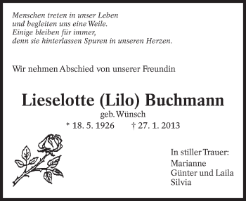 Traueranzeige von Lieselotte Buchmann von Eßlinger Zeitung/Cannstatter Zeitung