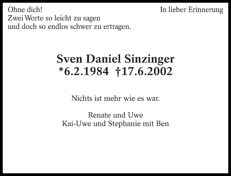  Traueranzeige für Sven Daniel Sinzinger vom 17.06.2015 aus Eßlinger Zeitung/Cannstatter Zeitung
