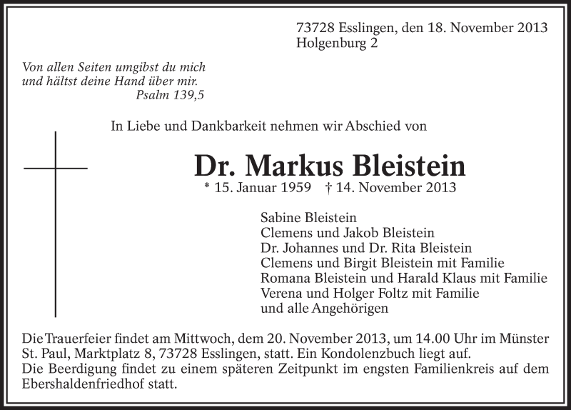  Traueranzeige für Markus Bleistein vom 18.11.2013 aus Eßlinger Zeitung/Cannstatter Zeitung