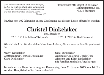 Traueranzeige von Christel Dinkelaker von Eßlinger Zeitung/Cannstatter Zeitung