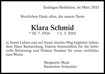 Traueranzeige von Klara Schmid von Eßlinger Zeitung/Cannstatter Zeitung