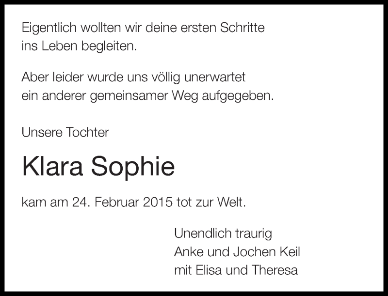  Traueranzeige für Klara Sophie vom 28.02.2015 aus Eßlinger Zeitung/Cannstatter Zeitung