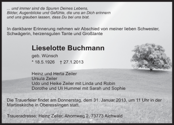 Traueranzeige von Lieselotte Buchmann von Eßlinger Zeitung/Cannstatter Zeitung