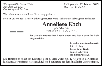 Traueranzeige von Anneliese Koch von Eßlinger Zeitung/Cannstatter Zeitung